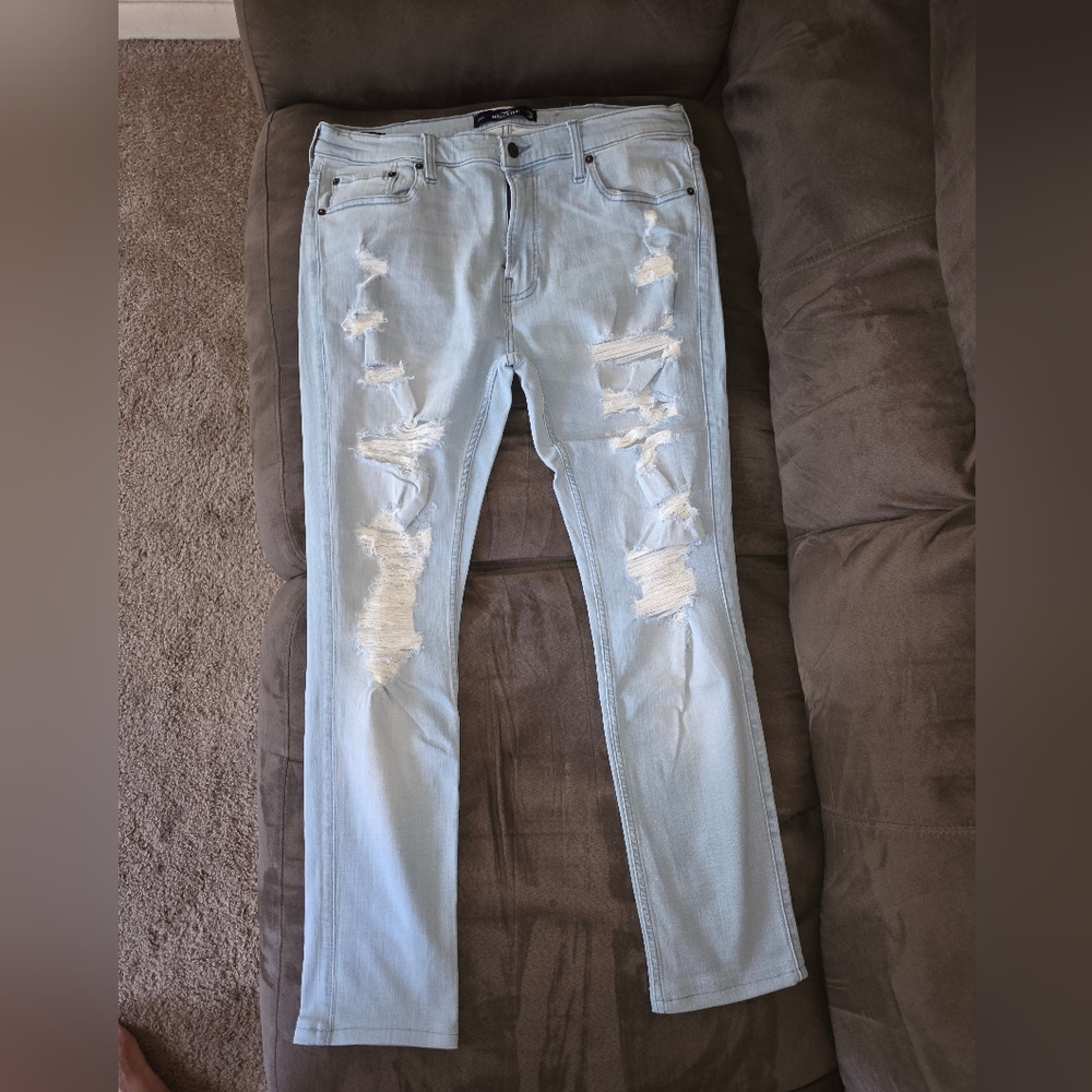 Hollister Men's Ripped Light Blue Skinny Jeans